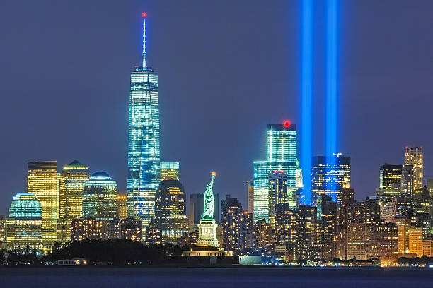 WTC Tribute in Lights with Freedom Tower and Statue of Liberty