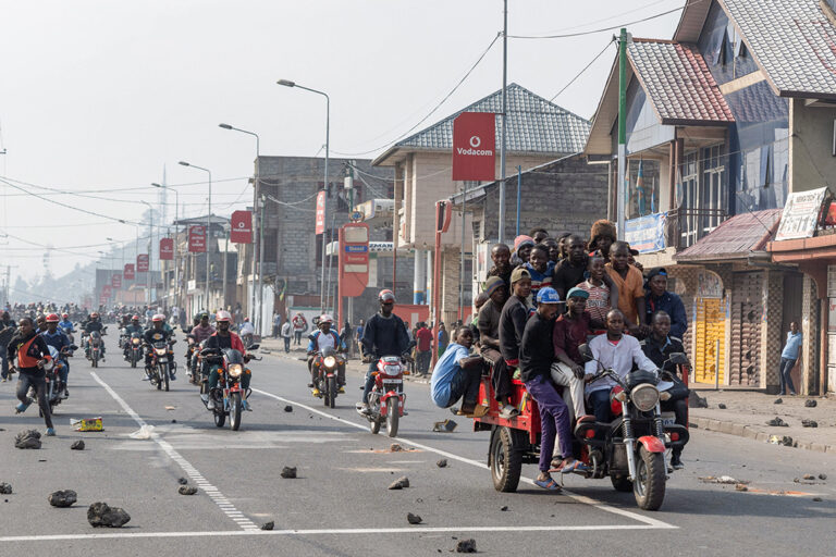 Congolese riders participate during a demonstration in Goma